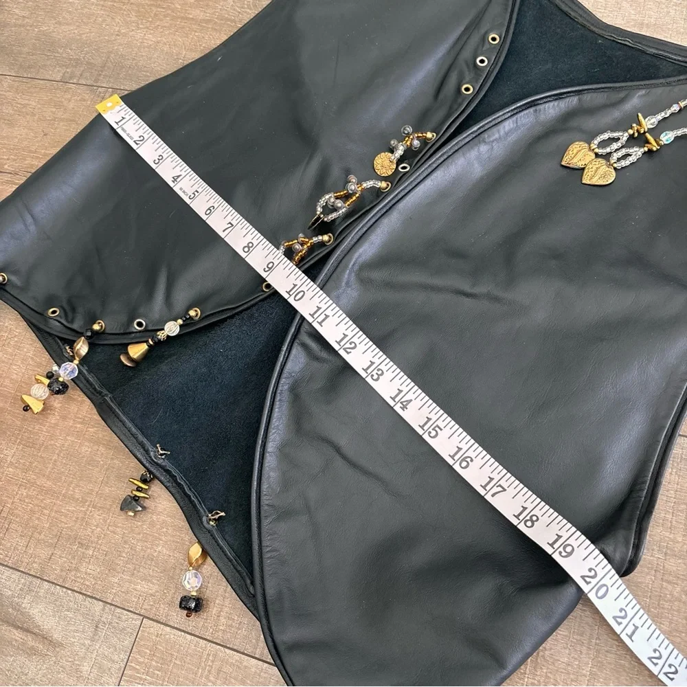 Hand Crafted Leather Vest Women's Open Front Cropped Black with Beads